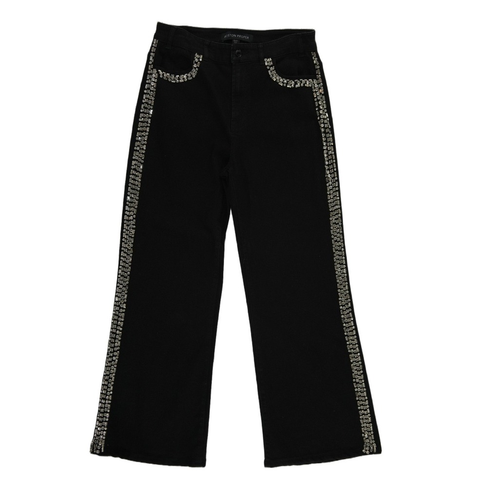 Boston Proper Jeans Women's Size 10 Black Rhinestone Crystal Trim Wide Leg Y2K